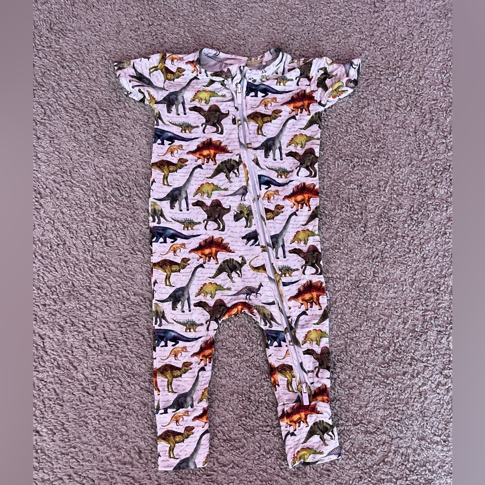 Bums&Roses short sleeve pant romper in dinosaurs.